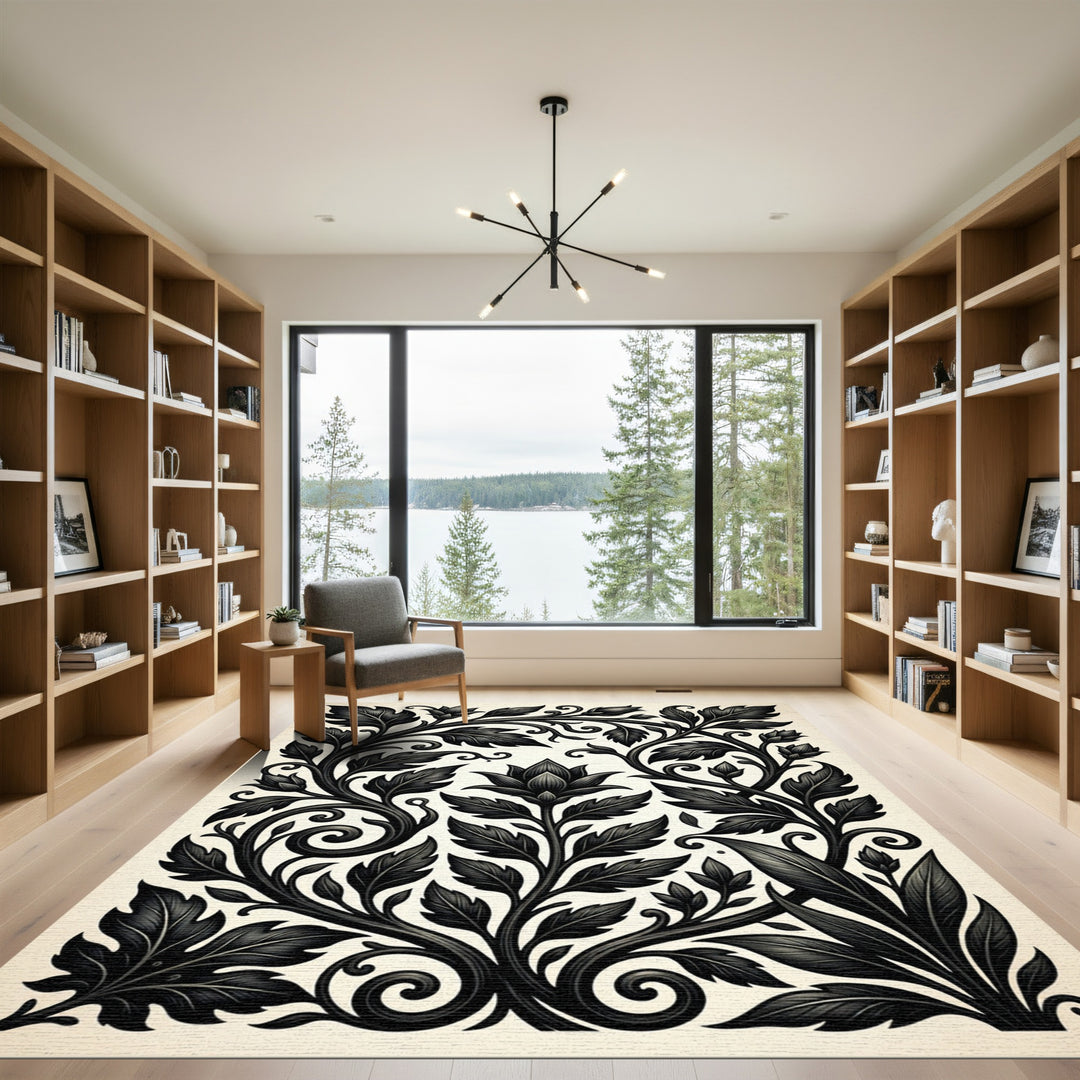 Ornate Black Floral Vine Rug