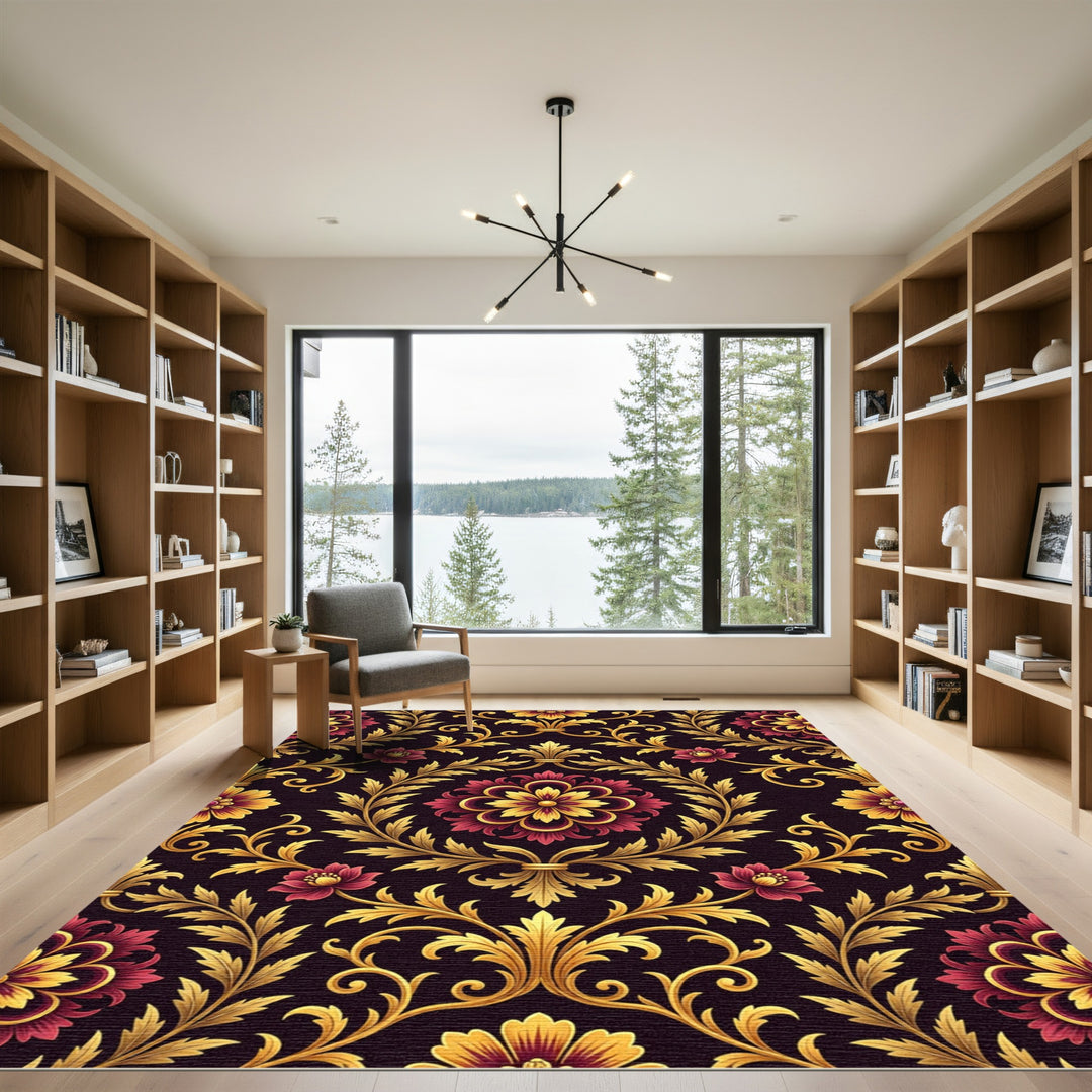 Ornate Gold Red Floral Vine Rug