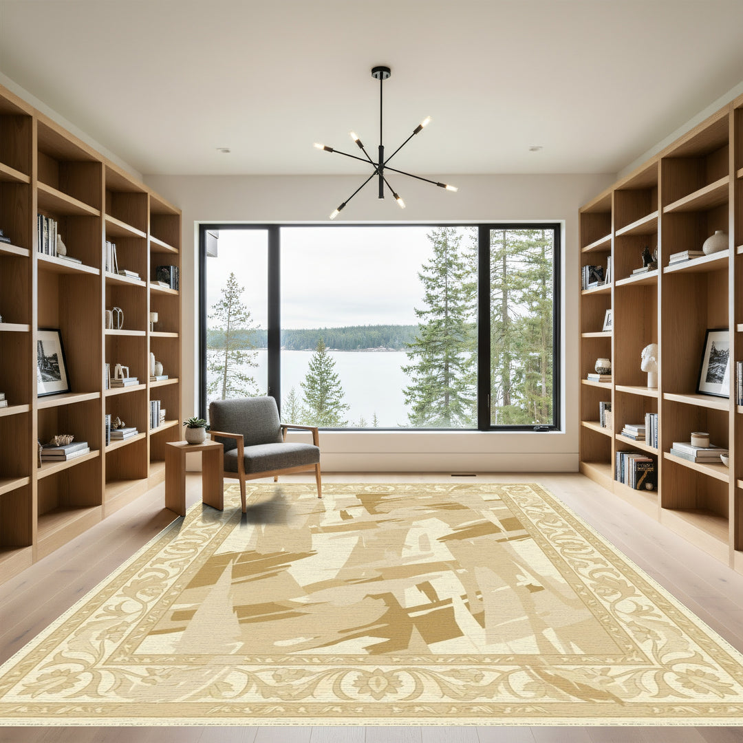 Abstract Beige Brushstroke Floral Border Rug