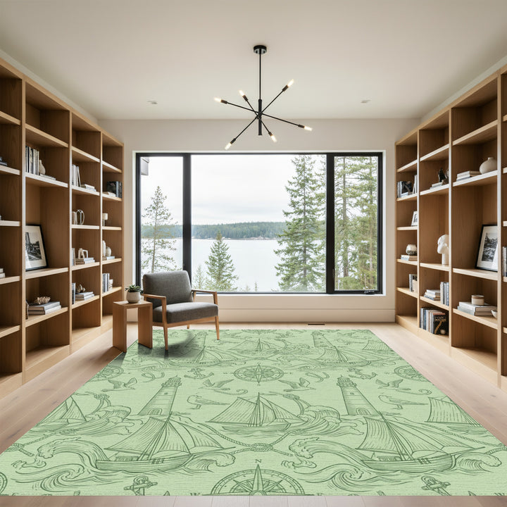 Coastal Nautical Lighthouse Sailboat Seagull Compass Rug