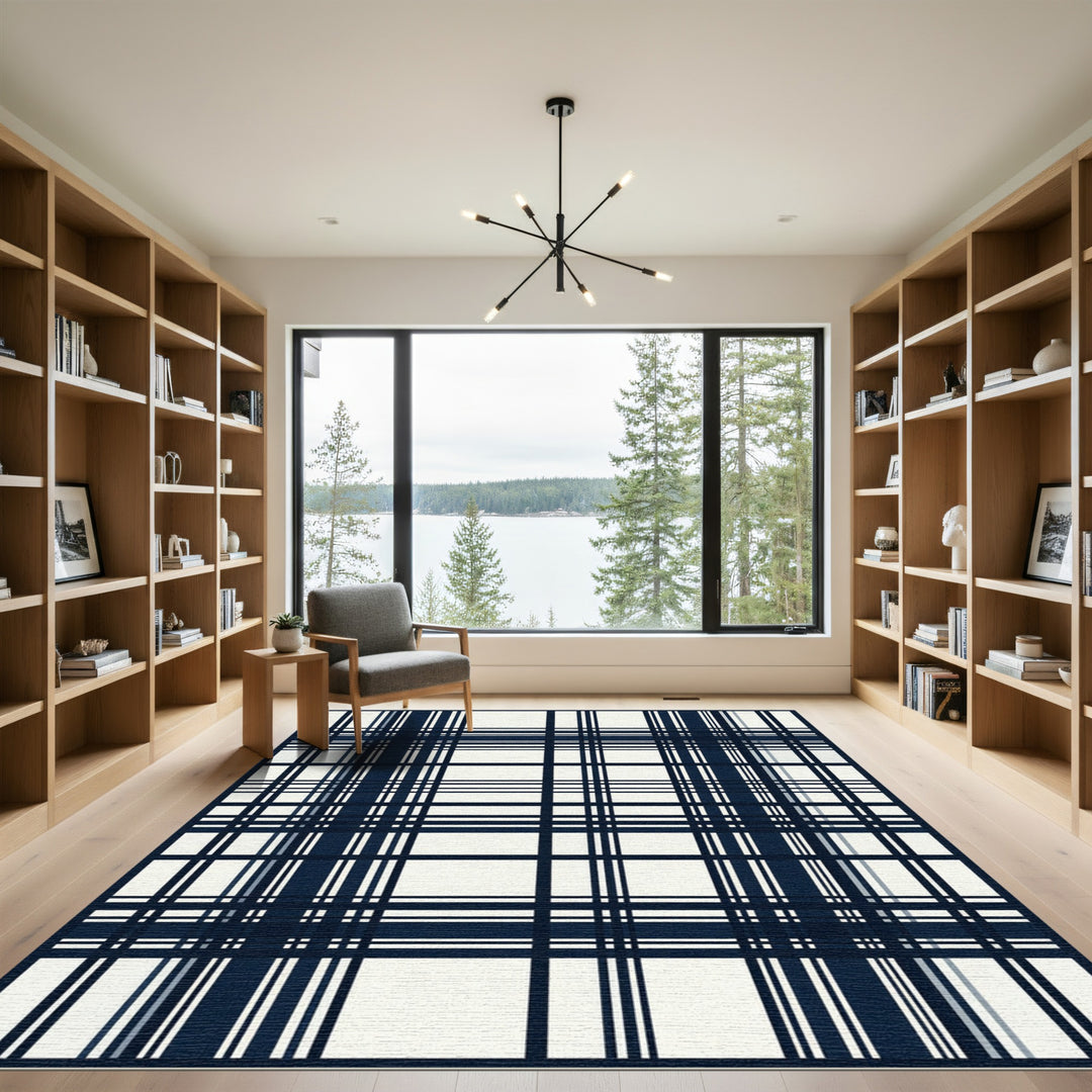 Classic Navy White Plaid Lines Rug