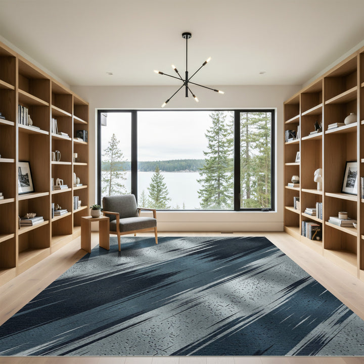 Abstract Brushed Silver Blue Streaks Rug