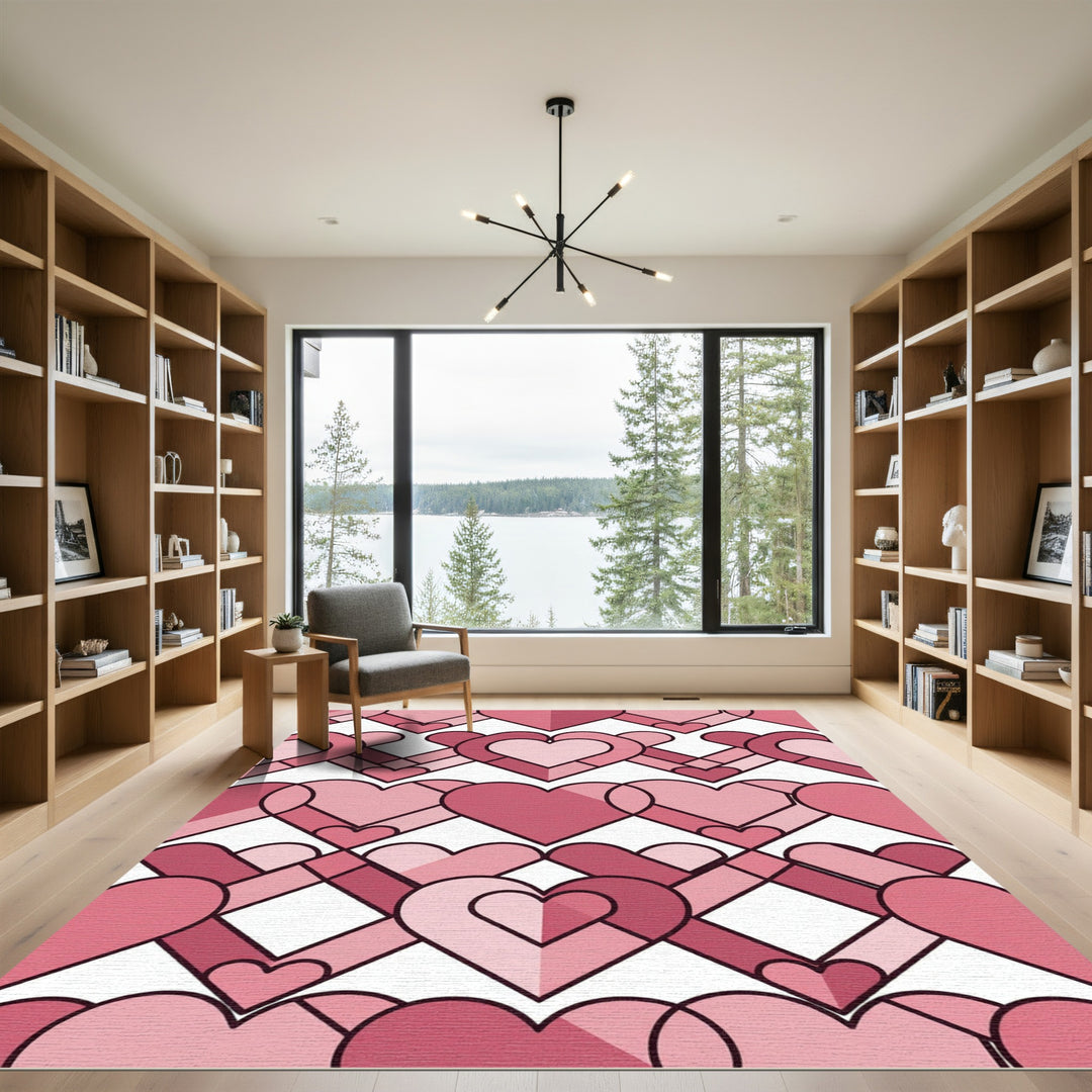 Geometric Pink Hearts Layered Rug