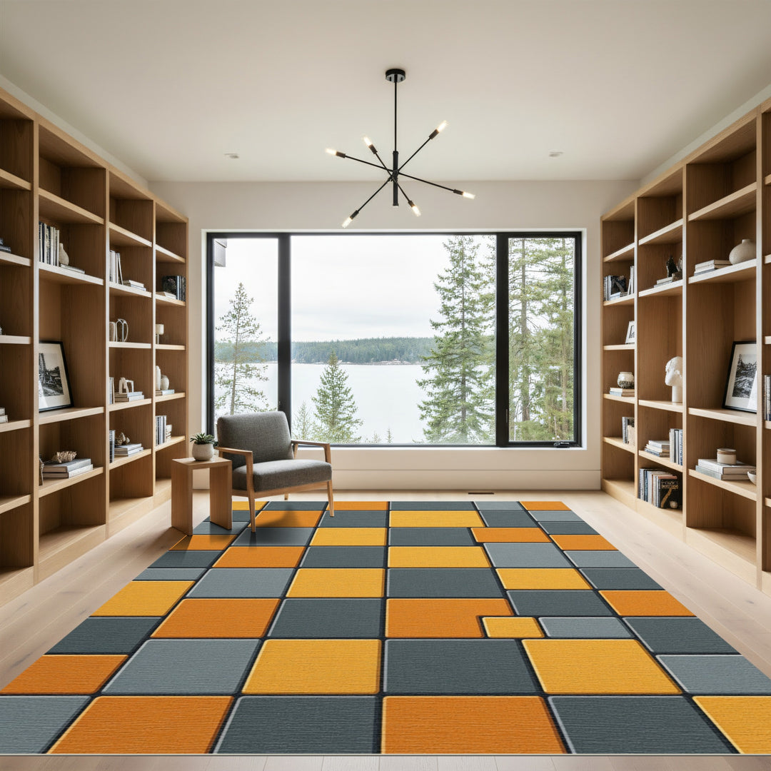 Orange Gray Geometric Block Rug