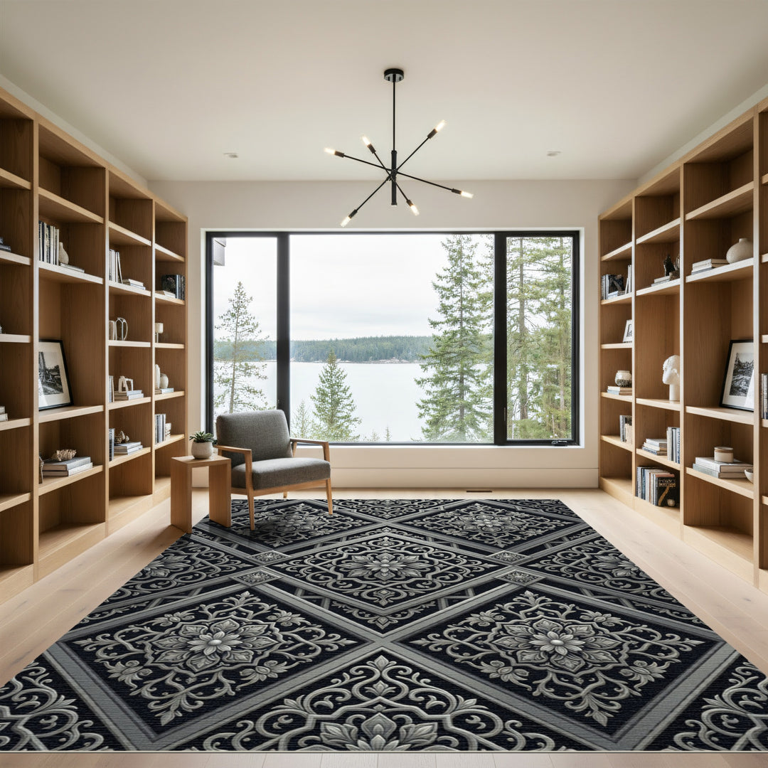 Elaborate Gray Floral Medallion Rug