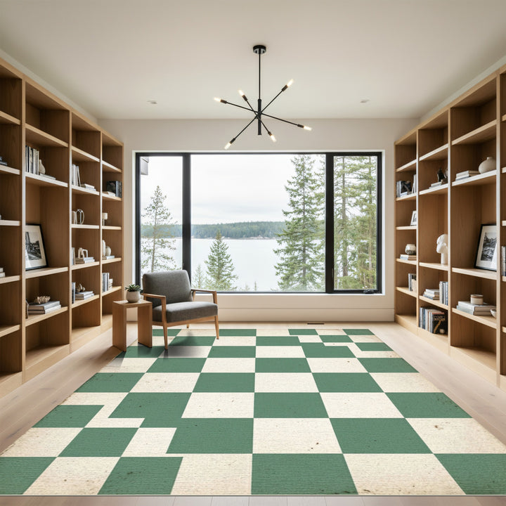 Green and White Checkered Vintage Rug