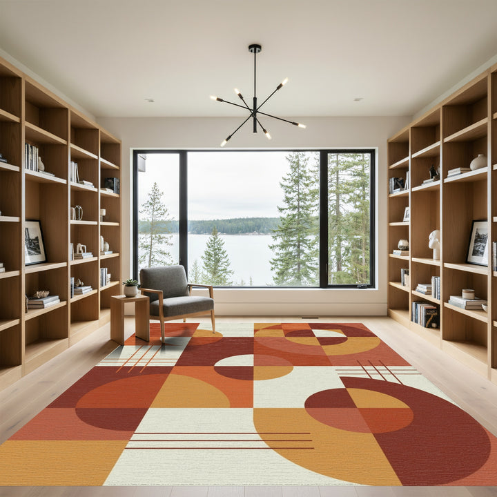 Warm Earthy Geometric Circles Squares Rug