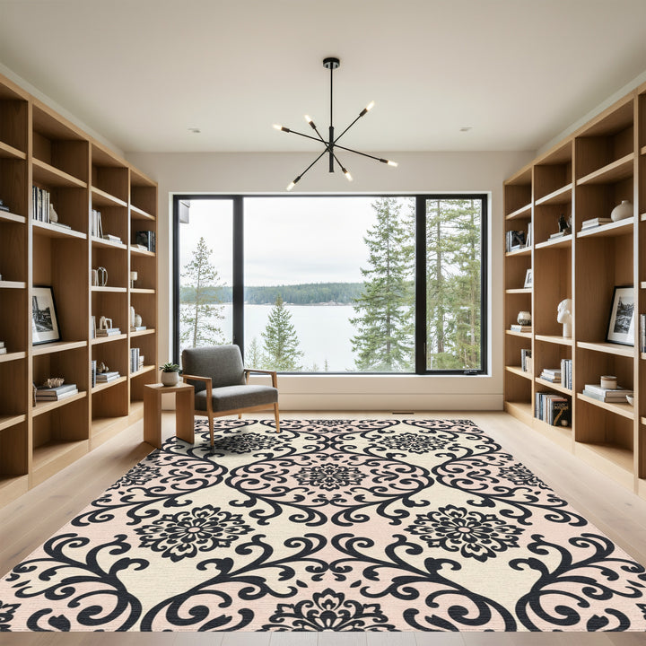 Elegant Black Floral Damask Cream Rug