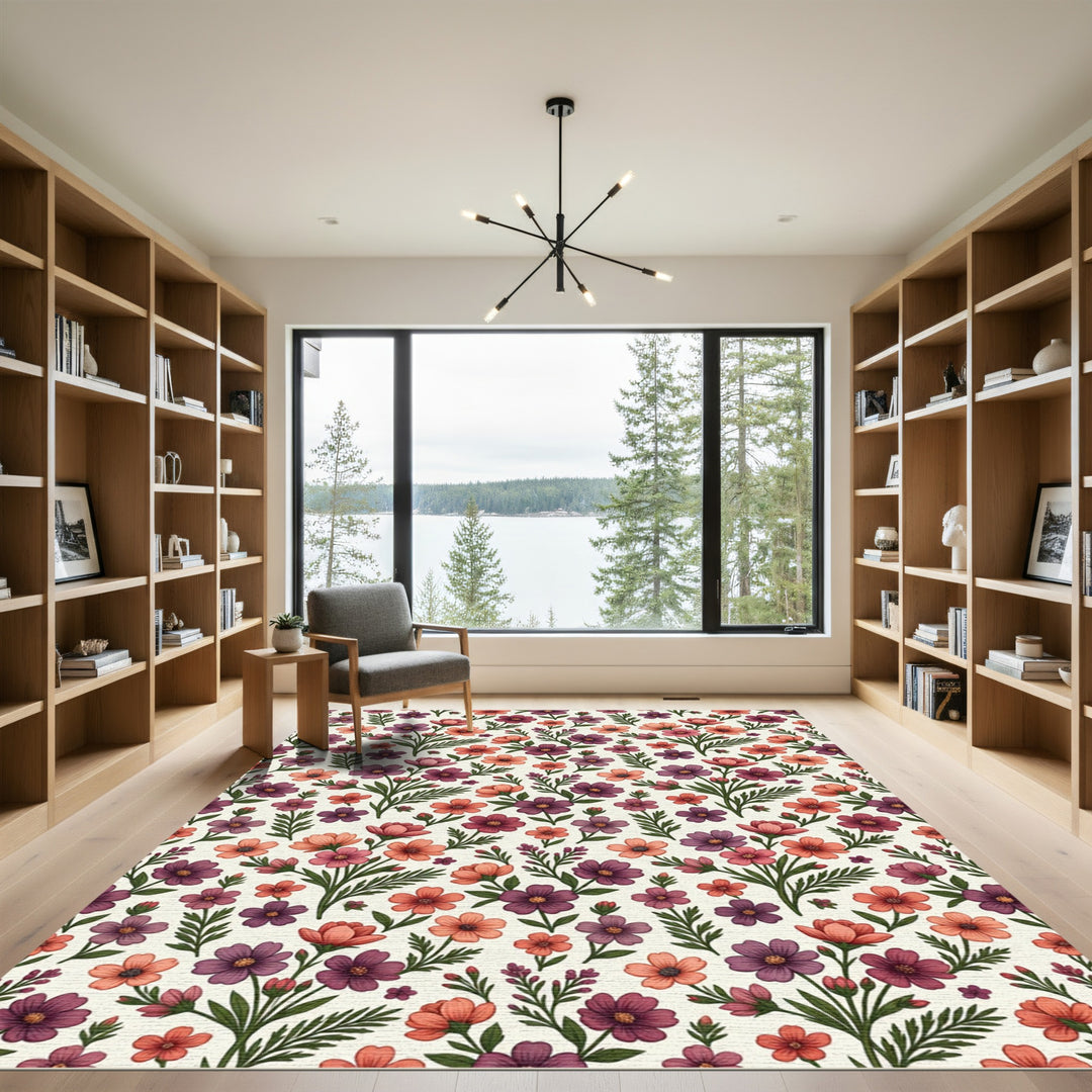 Burgundy Coral Floral Botanical Field Rug