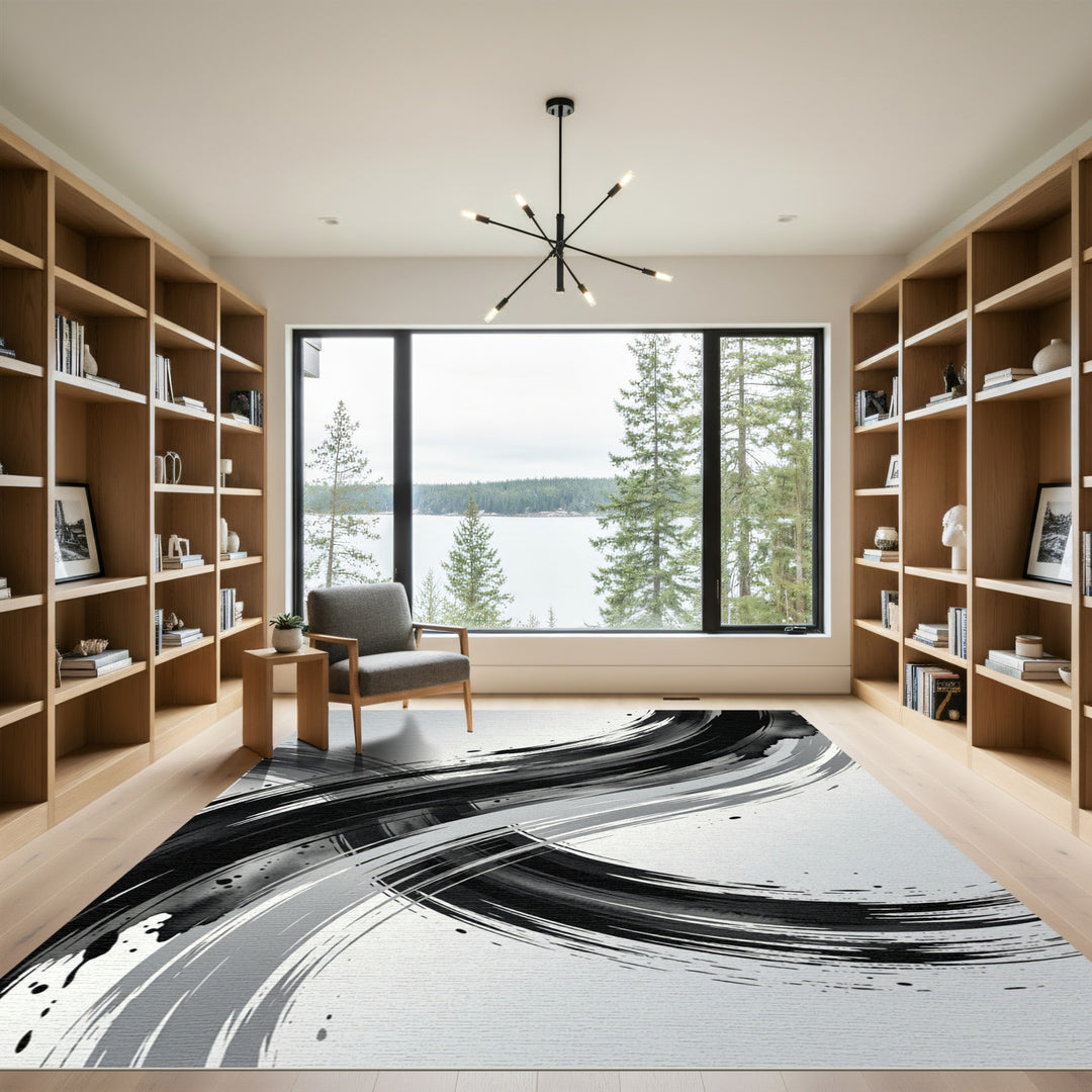 Bold Black White Abstract Brushstroke Rug