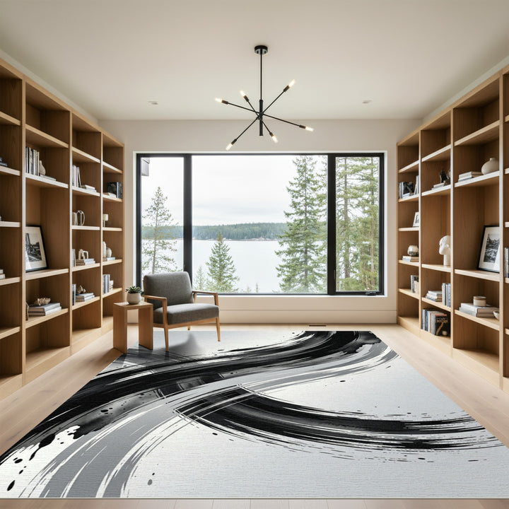 Bold Black White Abstract Brushstroke Rug