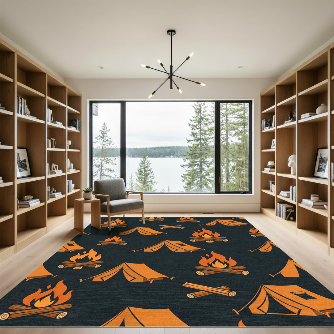 Orange Campfire Tent Illustration Rug