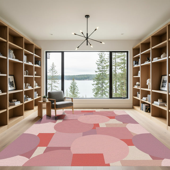 Retro Pink Geometric Circles and Squares Rug