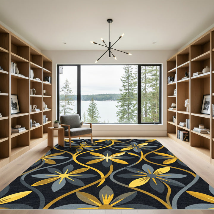 Golden Yellow Gray Floral Art Rug