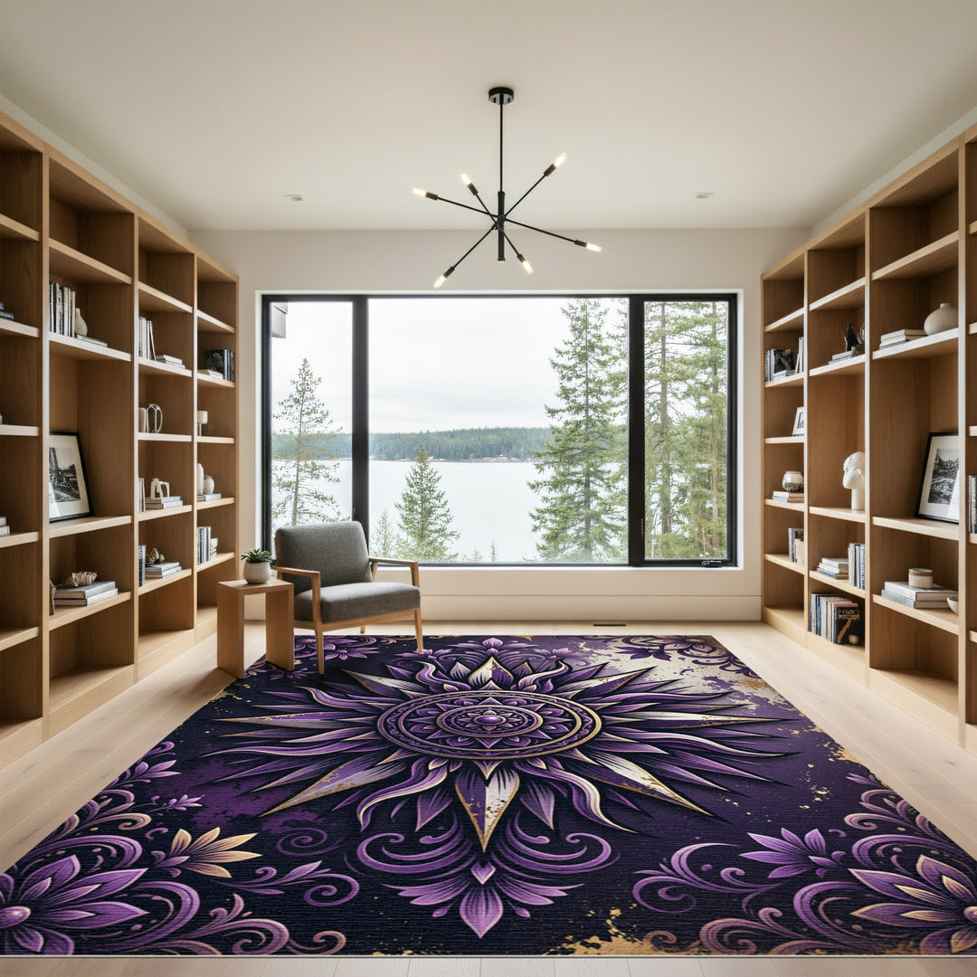 Ornate Purple Sunburst Mandala Rug