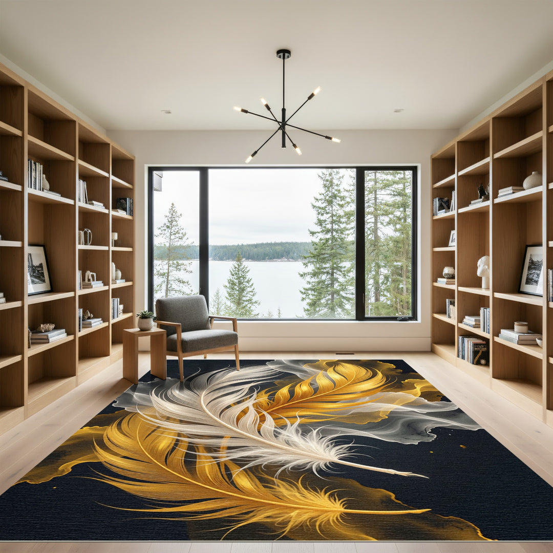 Elegant Gold White Feather Swirl Rug