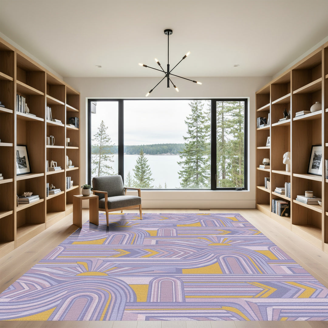 Purple Yellow Sunburst Archway Abstract Rug