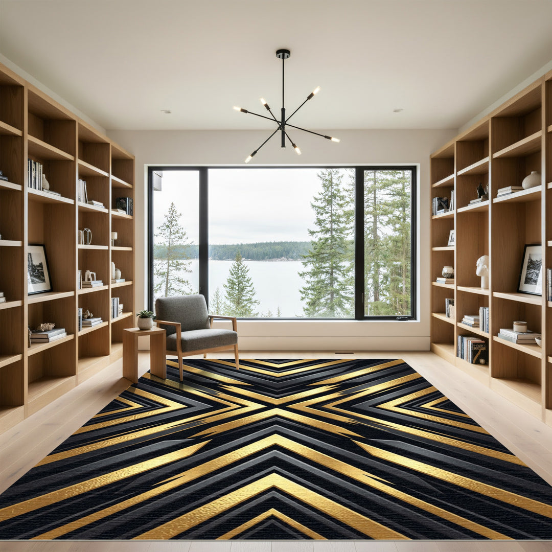 Black Gold Geometric Chevron Rug