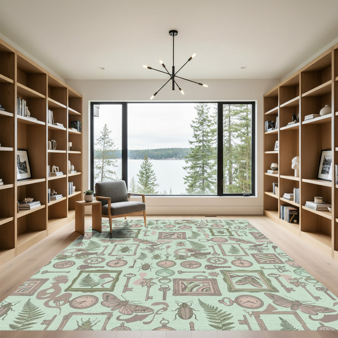 Antique Keys Ferns and Insects Collage Rug