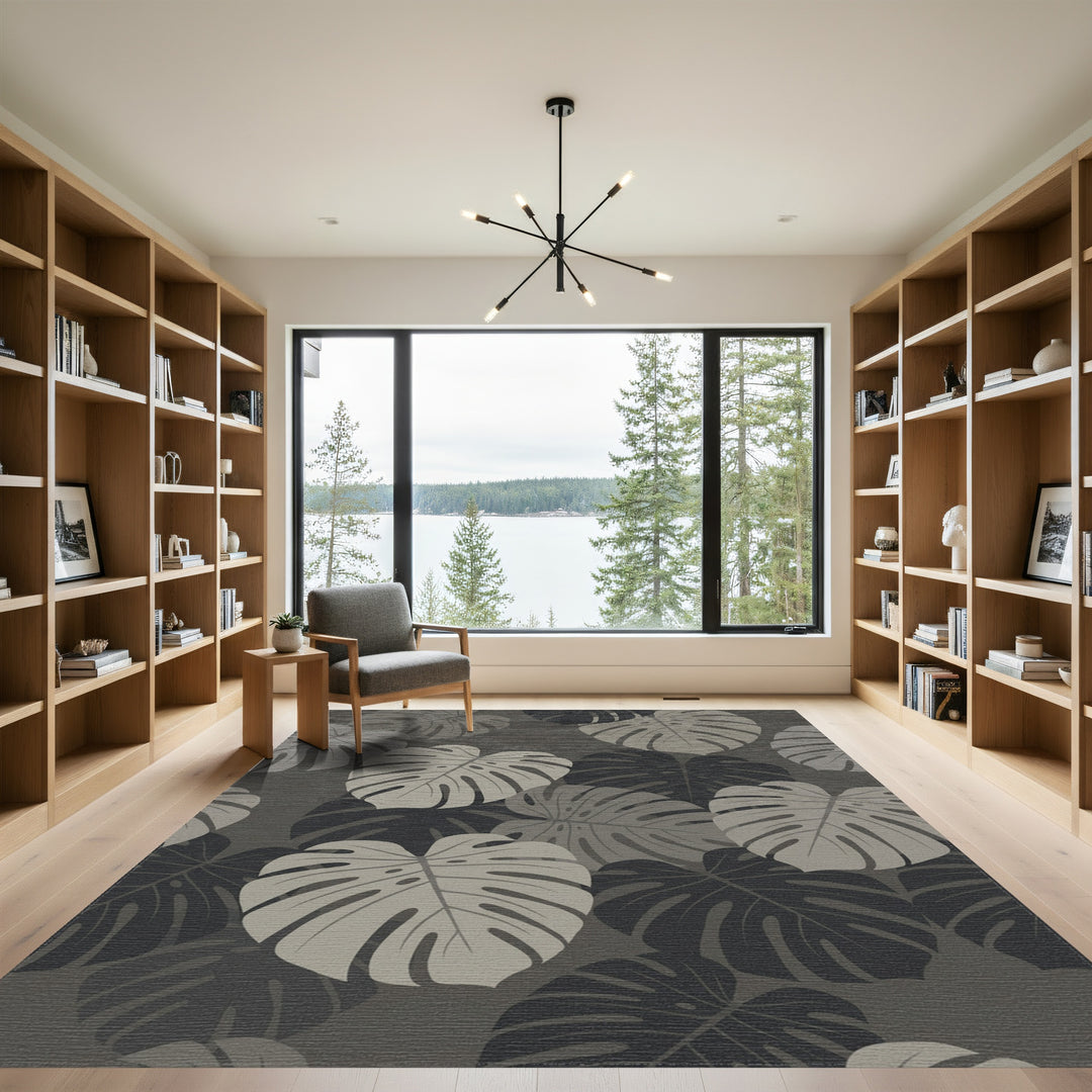 Monstera Leaf Slate Gray Tropical Rug