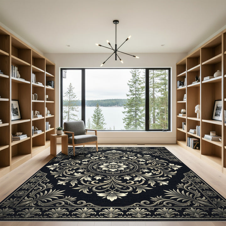 Classic Black Gold Floral Scroll Rug