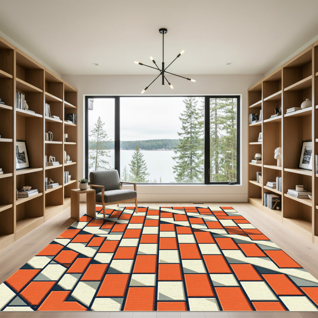Orange White Geometric Composition Rug