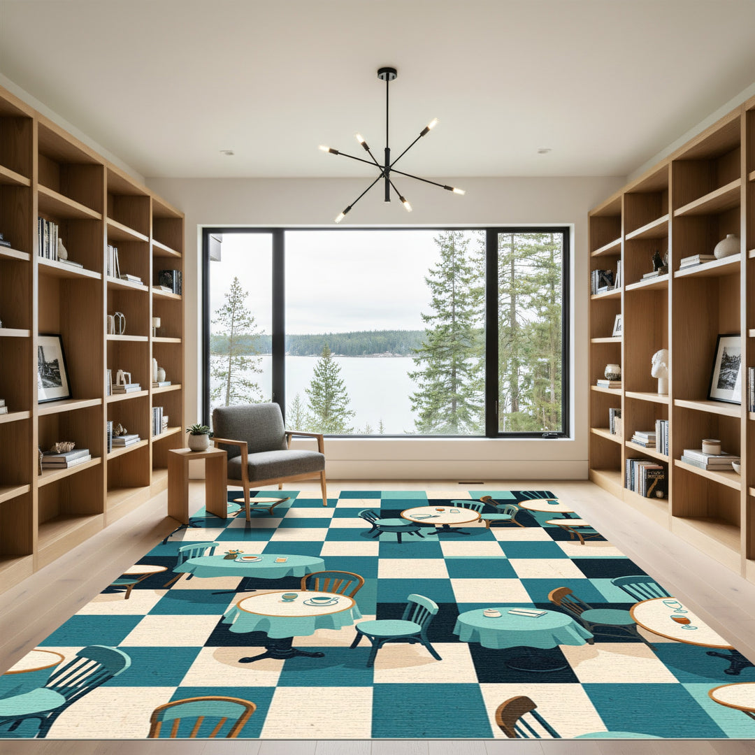 Retro Cafe Checkerboard Tables Rug