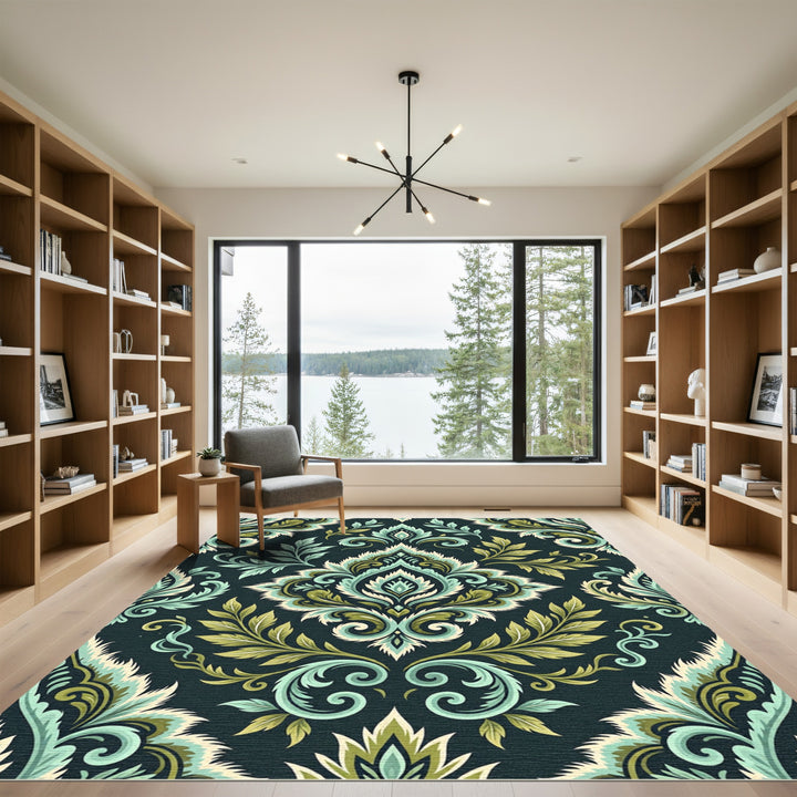Classic Teal and Gold Floral Scroll Rug