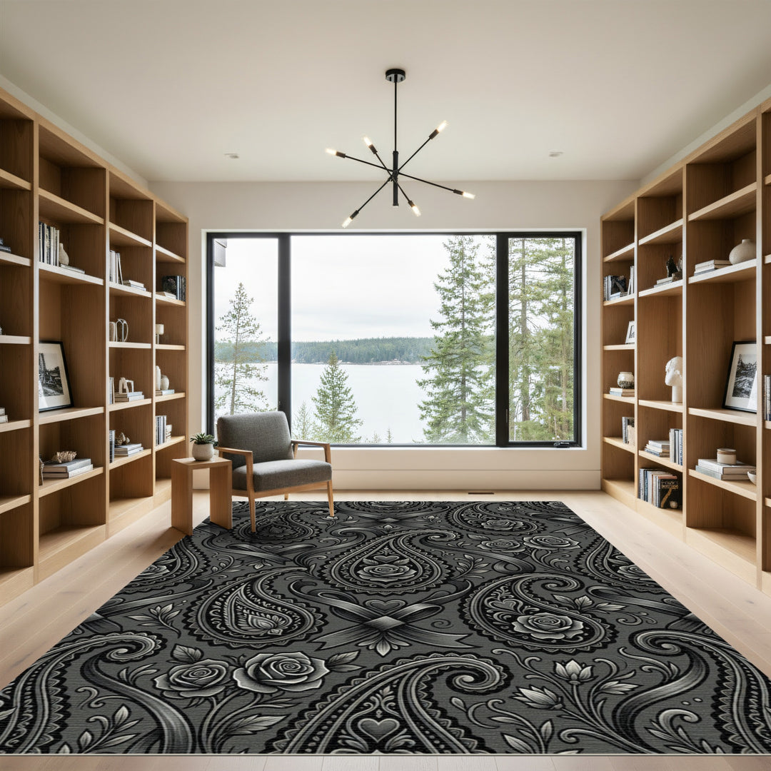 Charcoal Grey Paisley Rose Swirl Rug