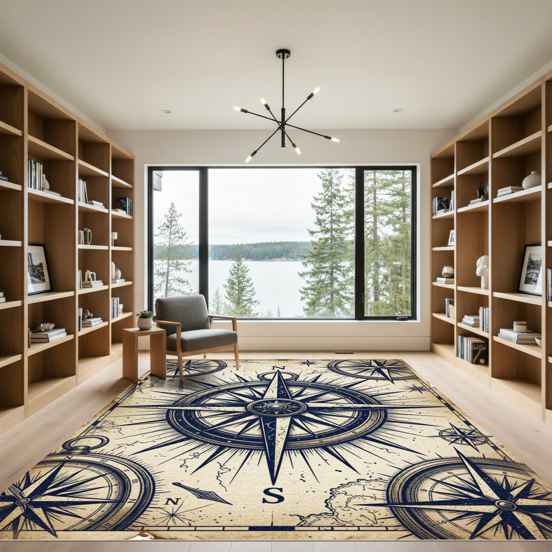 Vintage Nautical Compass Rose Map Rug