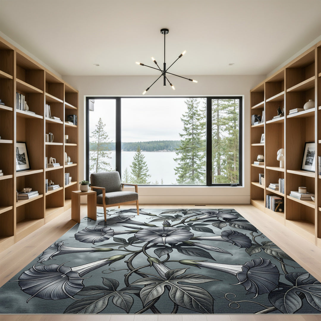 Grayscale Morning Glory Vine Art Rug