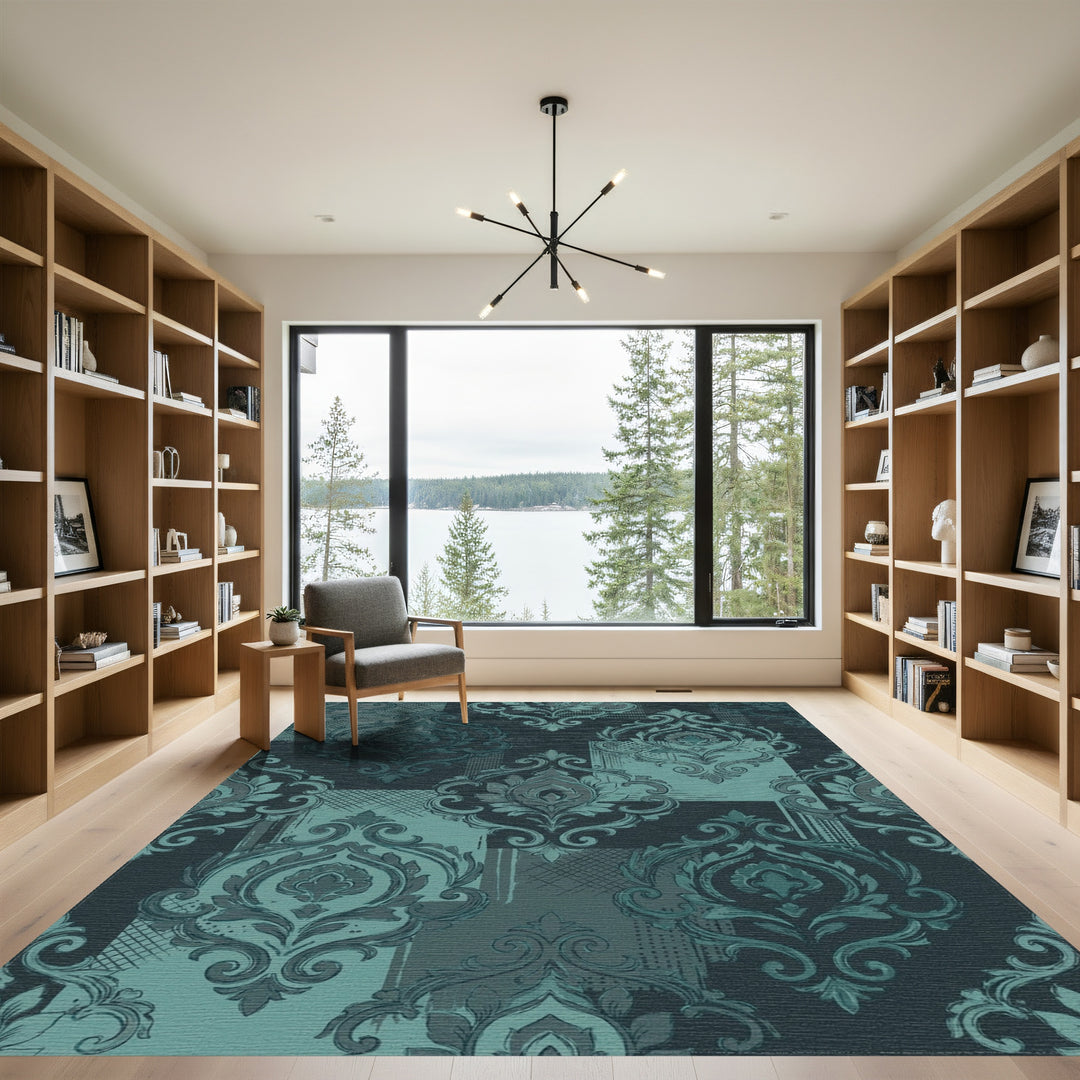 Deep Teal Damask Patchwork Rug