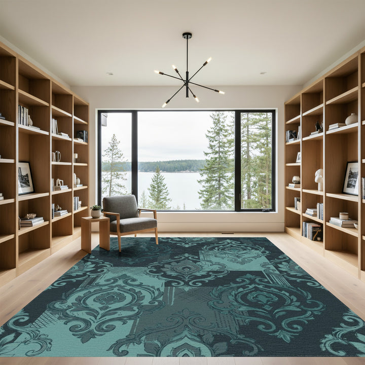 Deep Teal Damask Patchwork Rug