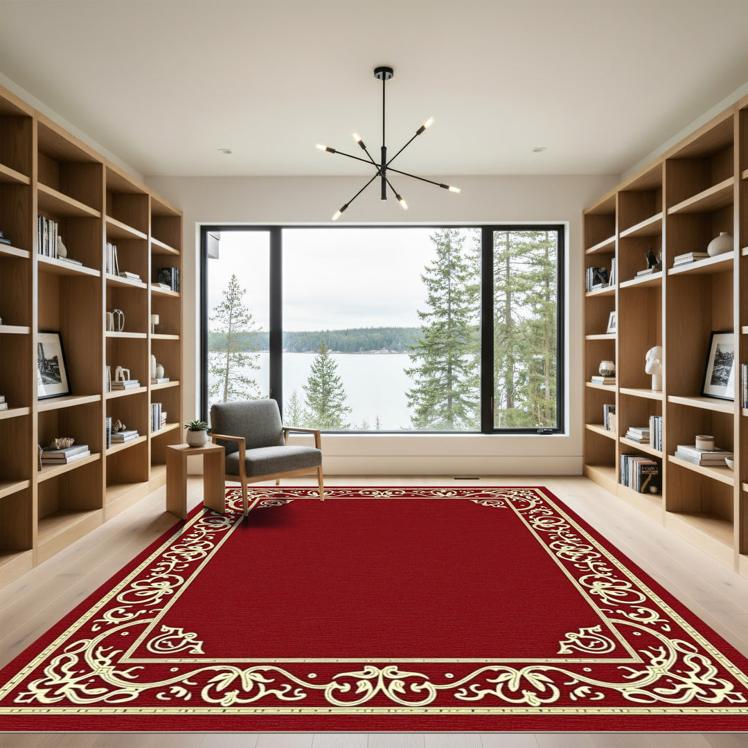Crimson Gold Ornate Floral Border Rug