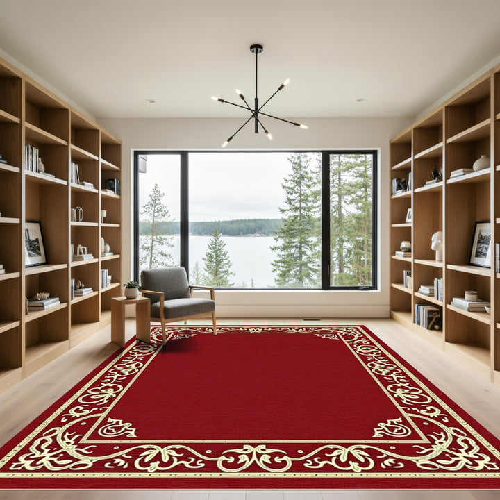 Crimson Gold Ornate Floral Border Rug