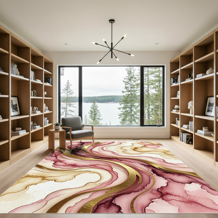 Crimson and Gold Marbled Flow Rug