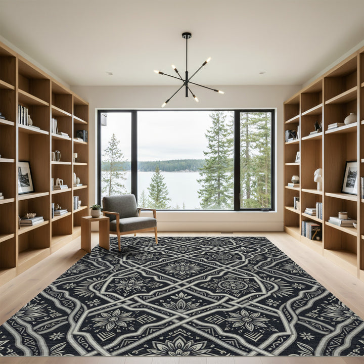 Intricate Black White Geometric Floral Medallions Rug