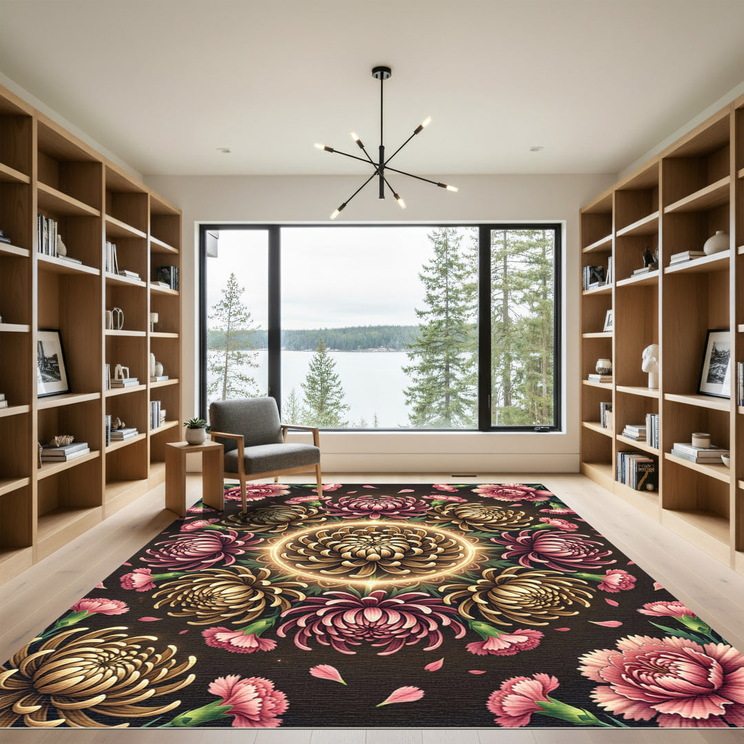 Radiant Chrysanthemum Mandala Gold Pink Rug