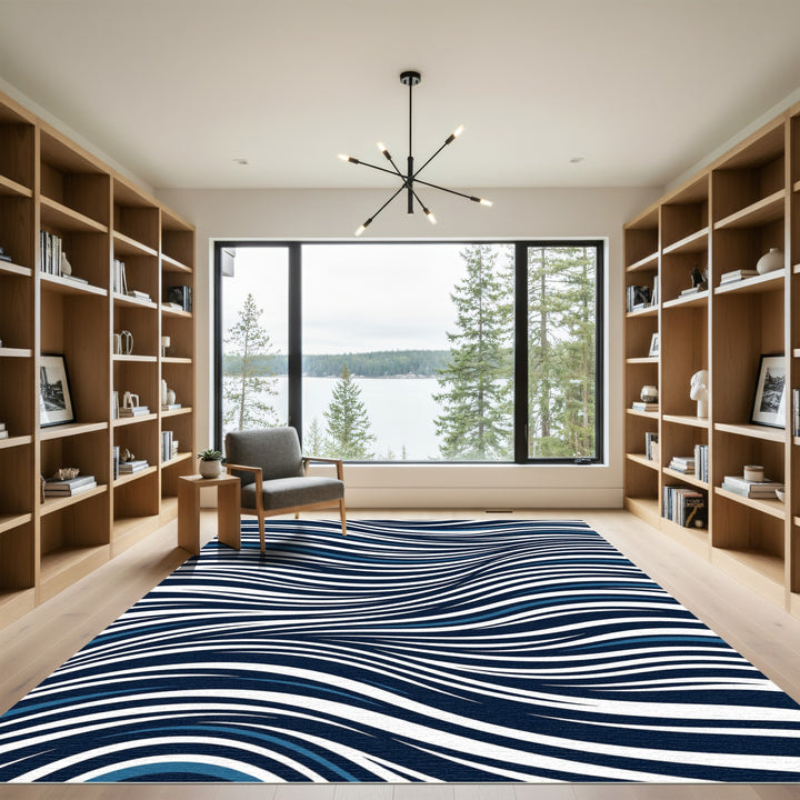 Navy White Blue Wavy Stripes Rug