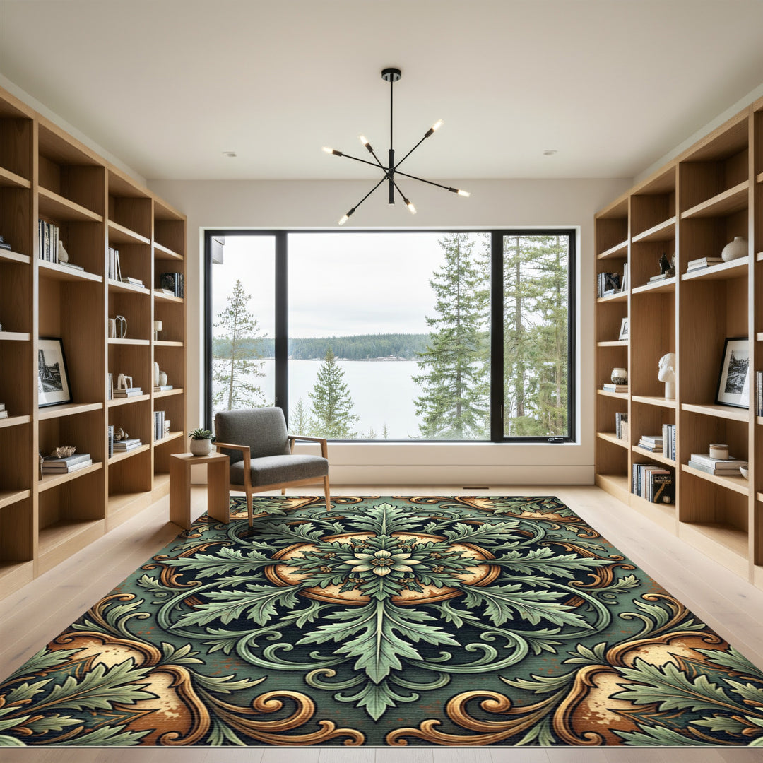 Ornate Sage Green Floral Scrollwork Rug