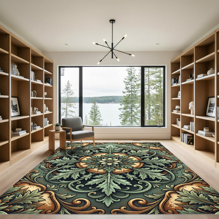 Ornate Sage Green Floral Scrollwork Rug