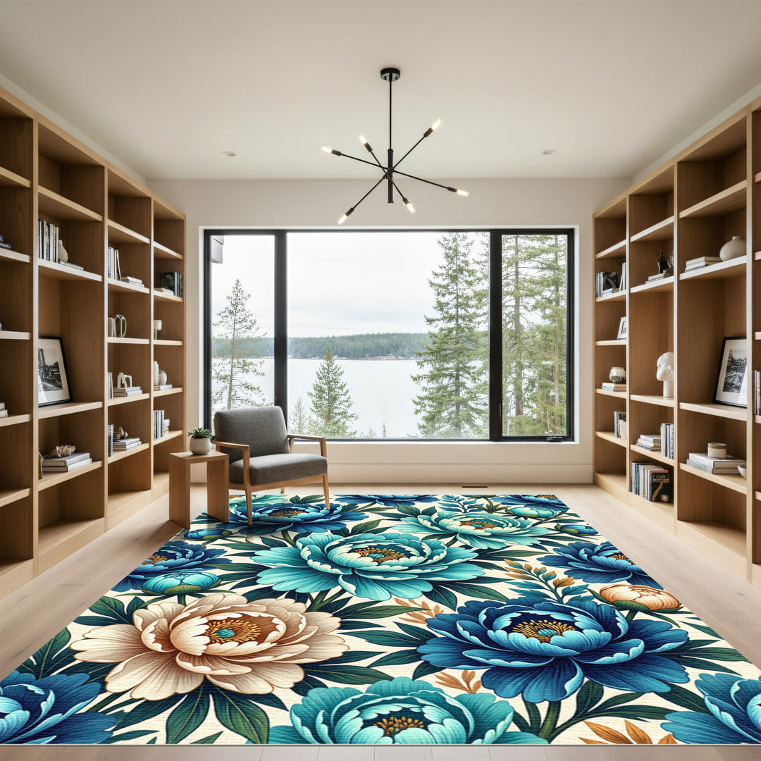 Aqua Blue Peony Floral Medallion Rug
