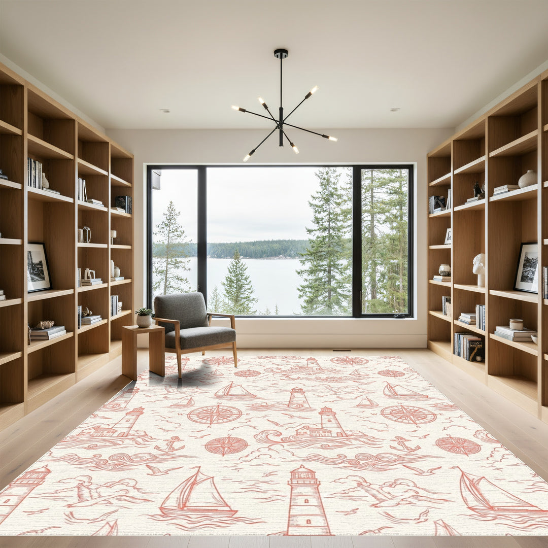 Coral Coastal Lighthouse Sailboat Compass Rug