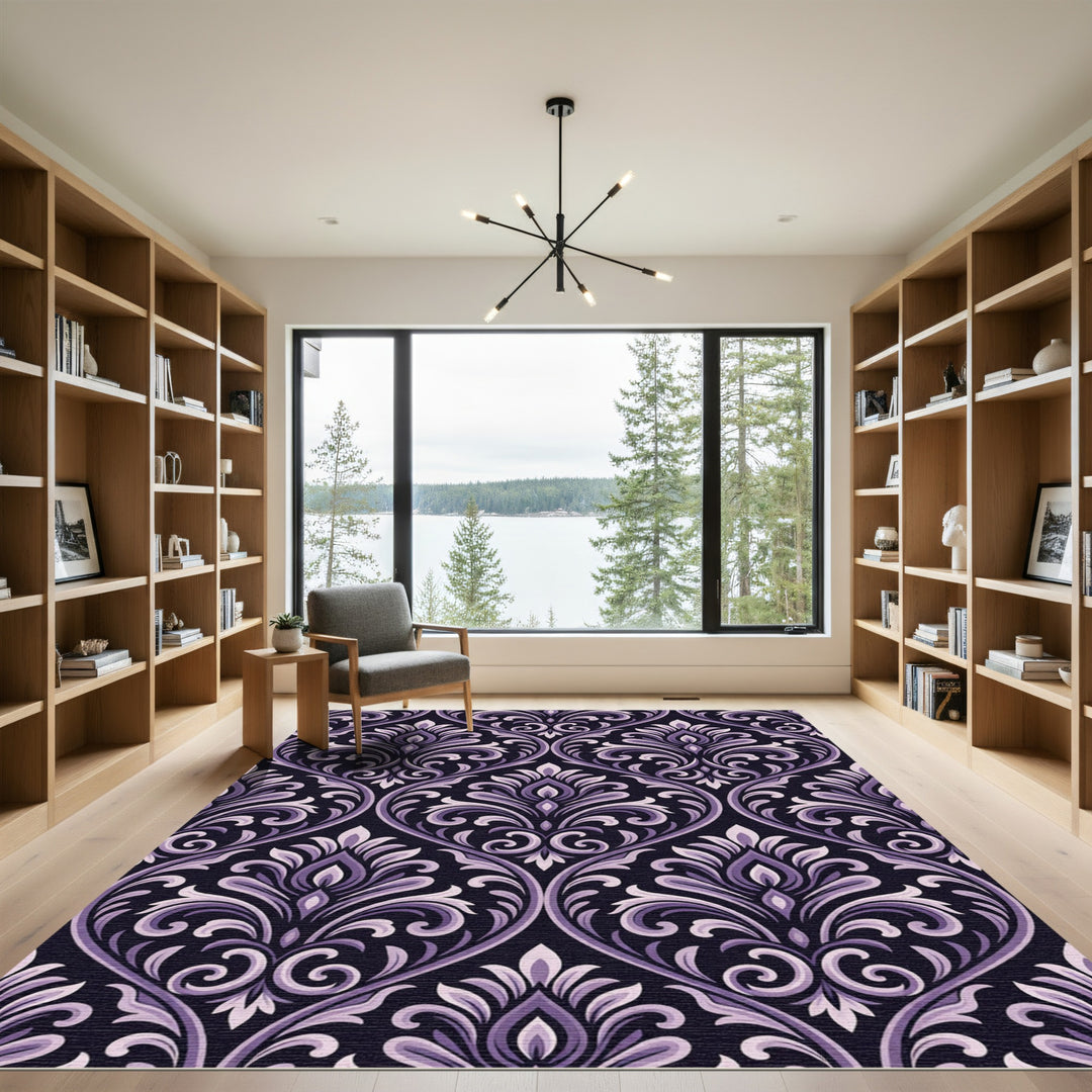 Ornate Violet Scrollwork Damask Rug