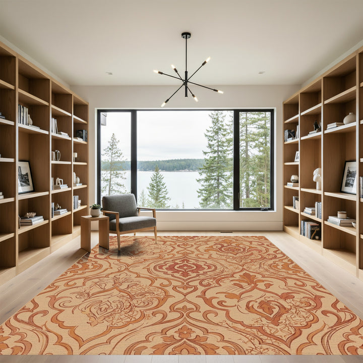 Terracotta Damask Scrollwork Vintage Rug