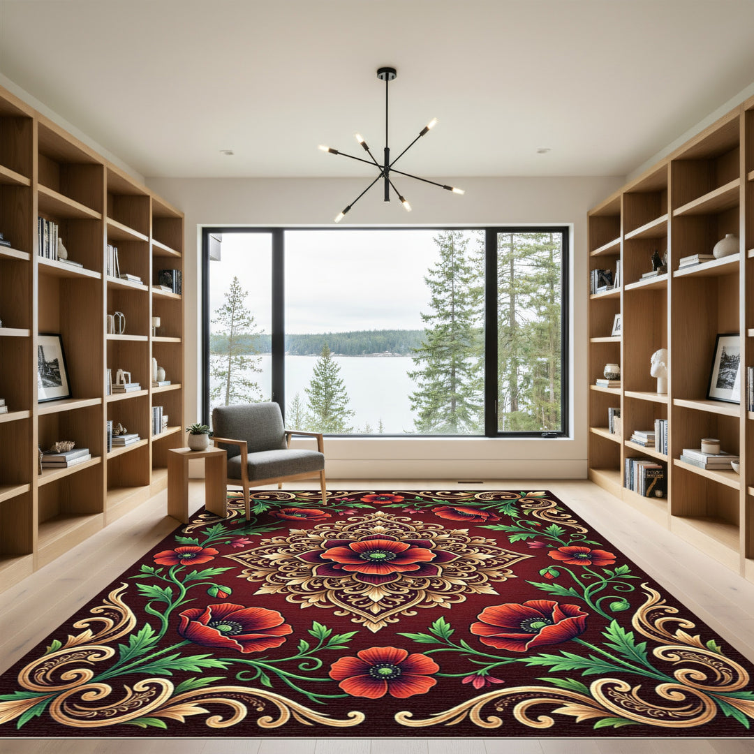 Ornate Red Poppy Floral Medallion Rug