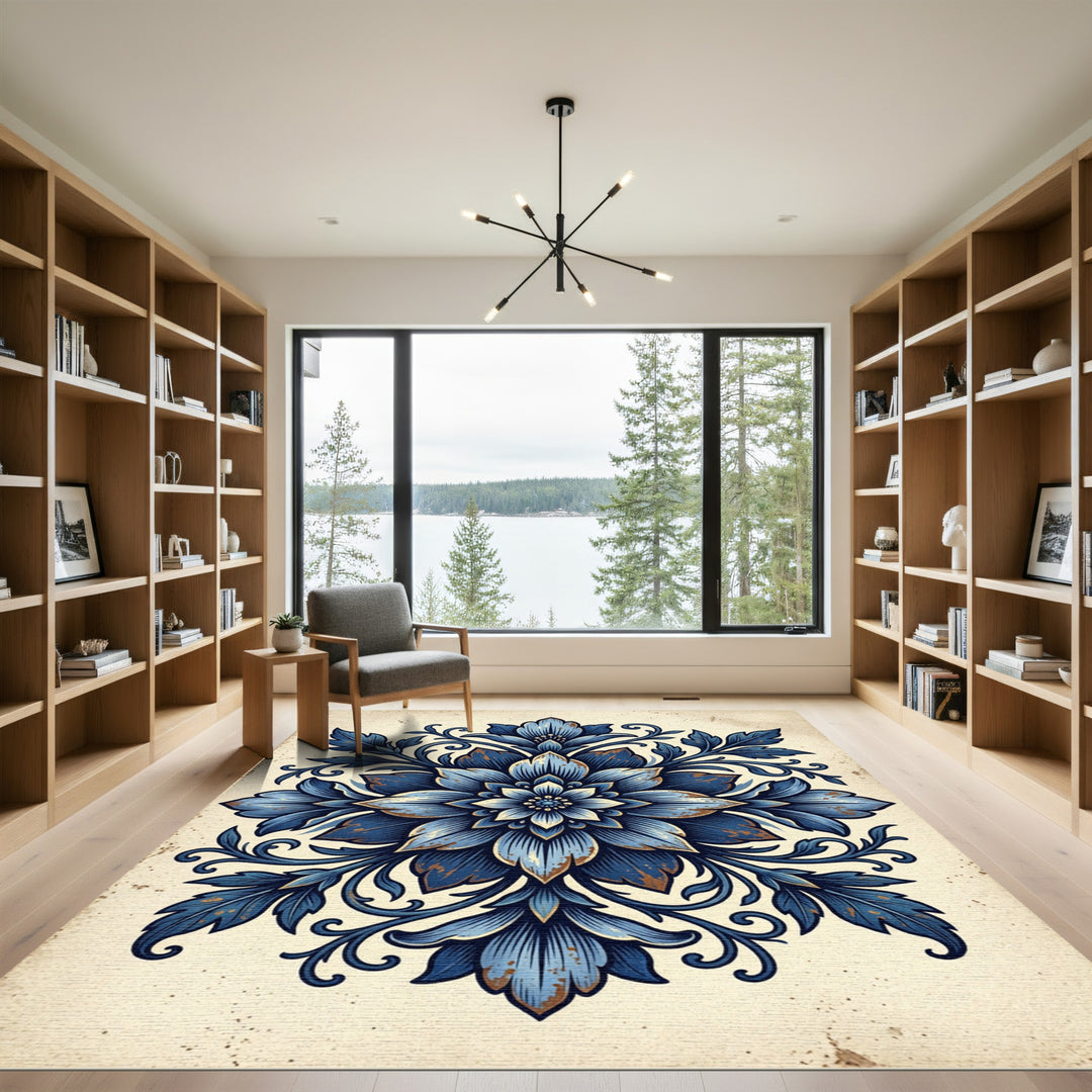 Vibrant Blue Floral Medallion Rug