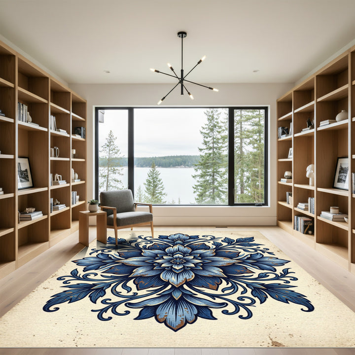 Vibrant Blue Floral Medallion Rug