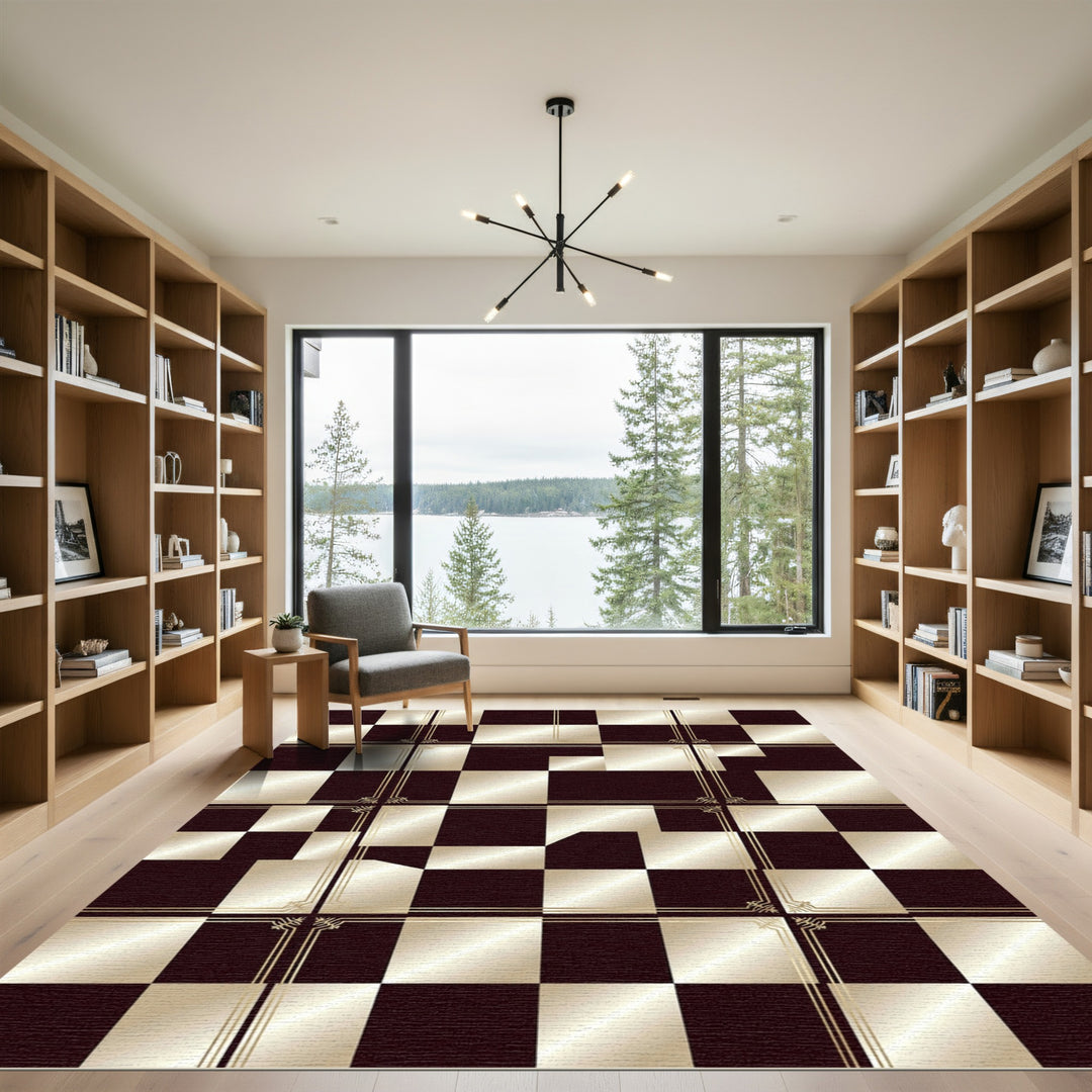 Dark Red Gold Geometric Squares Rug