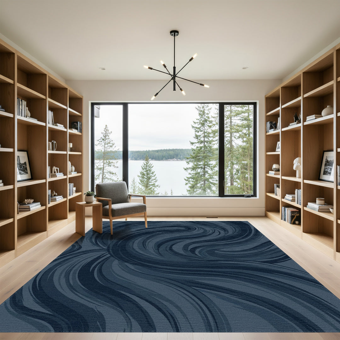 Deep Blue Swirling Abstract Rug